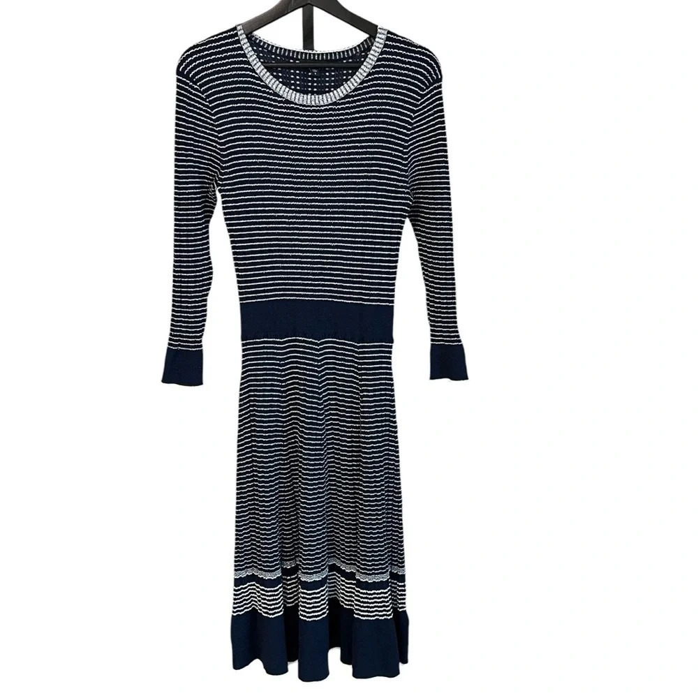 James Perse Stripe Wool A Line Sweater Dress Navy White 3 Large Classic Nautical